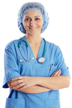 Lady doctor whit blue overall a over white background