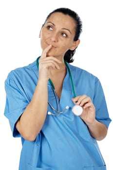 Attractive lady doctor thinking over a white background