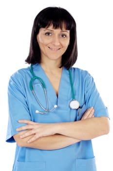 Lady doctor whit blue overall a over white background