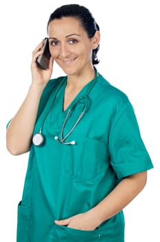 lady doctor speaking on the telephone over a white background