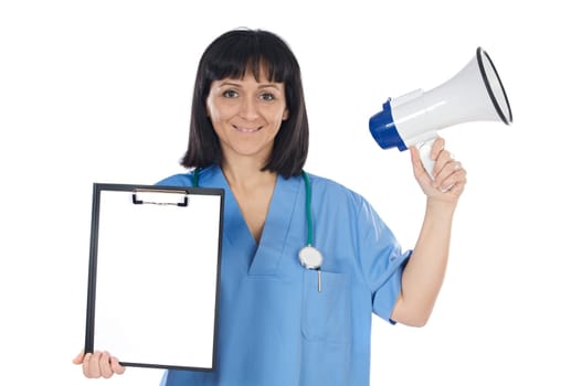 Woman doctor whit megaphone and clipboard a over white background