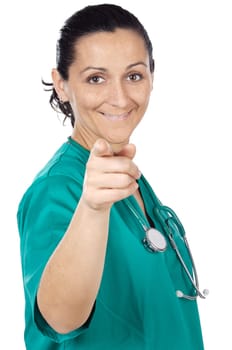 Attractive lady doctor over a white background (focus in the face)