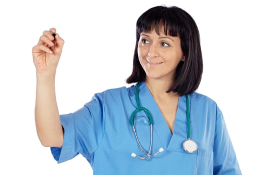Woman doctor writing a over white background