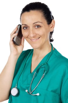 Attractive lady doctor speaking on the telephone over a white background