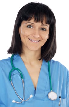 Lady doctor whit blue overall a over white background