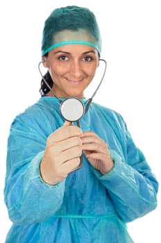 Attractive lady doctor over a white background with the focus in the stethoscope