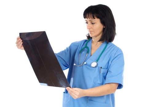 Woman doctor whit radiography a over white background