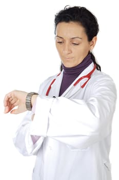 Doctor watching the hour in the clock a over white background