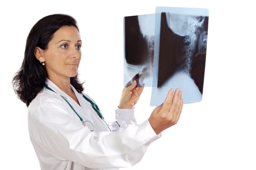 doctor examining a radio graphs a over white background