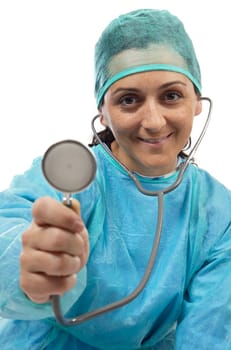 Attractive lady doctor over a white background with the focus in the face