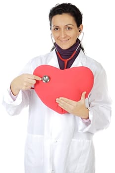 Attractive lady doctor cardiologist over a white background