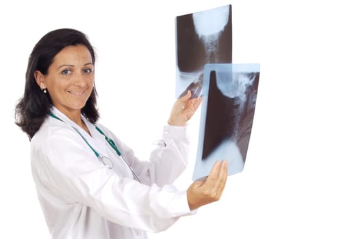 Female doctor looking to x-ray picture over white background