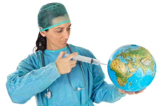 Attractive lady doctor curing the ill world over a white background