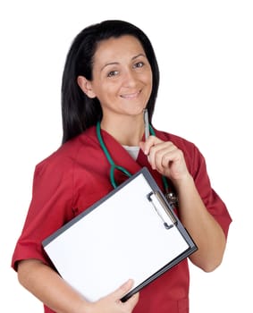 Happy doctor woman with clipboard in blank thinking isolated on white background