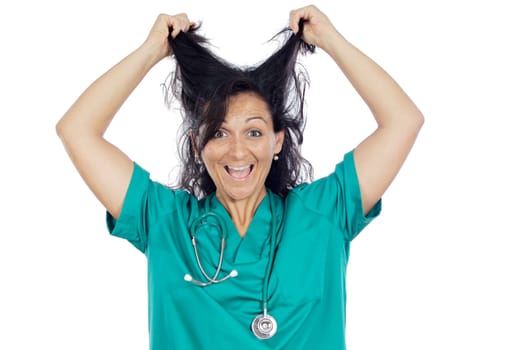 Young woman medical staff member pulling her hair