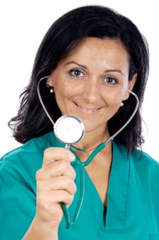 Attractive lady doctor over a white background (focus in the face)