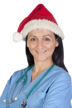 Attractive doctor woman with Christmas cup isolated on white