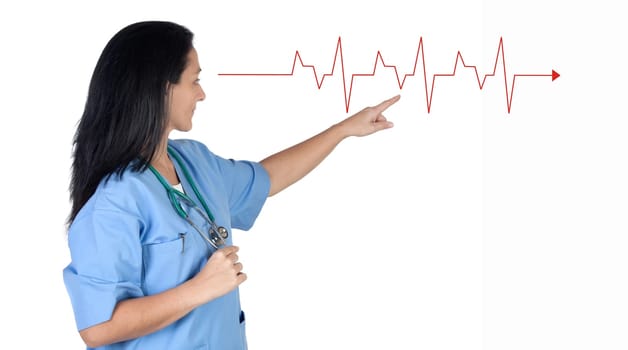 Attractive doctor woman pointing to a electrocardiogram isolated on white background