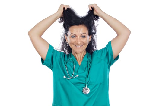 Young woman medical staff member pulling her hair