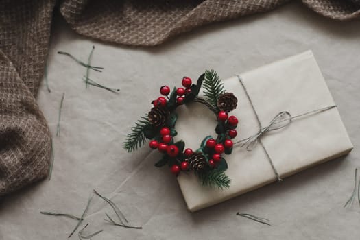 Christmas composition. Gifts, fir tree branches, red decorations. Christmas, winter, new year concept. Flat lay, top view, copy space. High quality photo