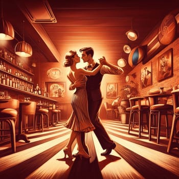 couple dance in a bar , dim light , romantic vintage atmosphere generative ai art