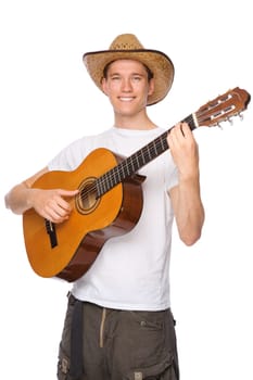 Studio shot of a young man with a guitar