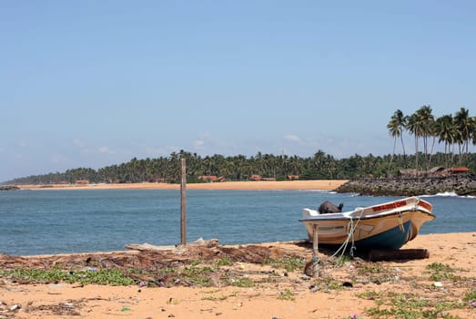 A fishing boat on the sandy beach of Sri Lanka