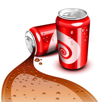 Opened and closed red can with Cola flowing