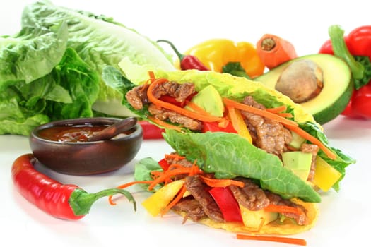 Taco shells filled with beef fillet strips and vegetables