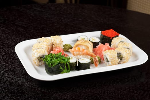 view of closeup japanese sushi set at plate