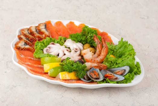 appetizer closeup of different seafood and vegetables
