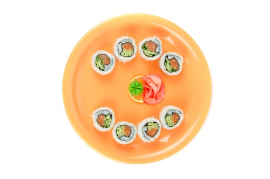 Closeup japanese sushi set at plate on a white