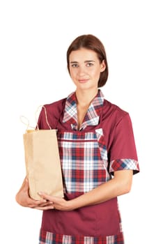 portrait of a female seller on a white