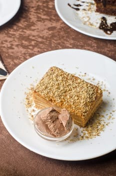 Dessert set of cake and ice-cream at plate
