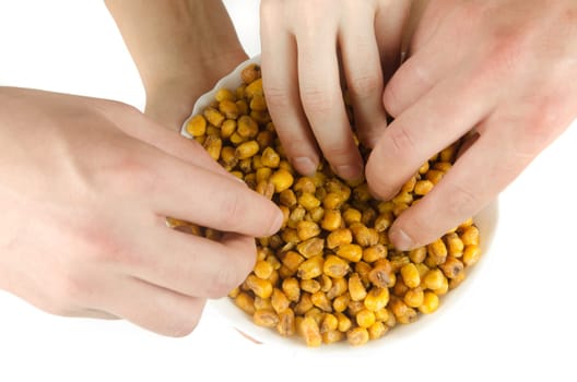 fried corn with hands isolated on a white background
