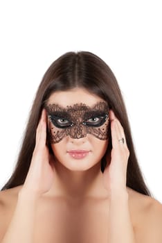 girl at mask closeup on a white background