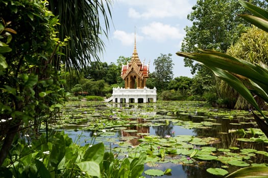 Buddhist temple in the lake,in the park Suang Luang Rama 9 in Bangkok