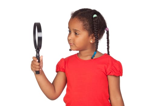 African little girl looking through magnifying-glass isolated on a over white