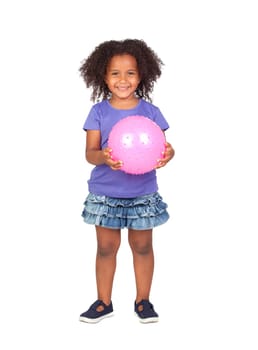 Adorable african little girl with pink ball isolated over white
