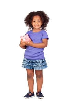 Adorable african little girl with piggy-bank isolated over white
