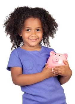 Adorable african little girl with piggy-bank isolated over white