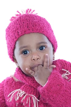 Baby with his finger in the mouth a over white background