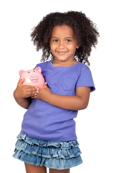 Adorable african little girl with piggy-bank isolated over white