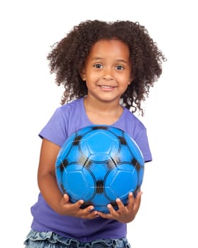 Adorable african little girl with soccer ball isolated over white