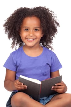 Student little girl reading with a book isolated over white