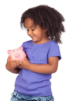 Adorable african little girl with piggy-bank isolated over white