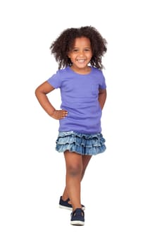 Adorable african little girl with denim miniskirt isolated over white