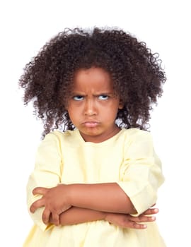 Angry little girl with beautiful hairstyle isolated over white