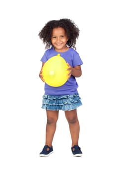 Adorable african little girl with yellow balloon isolated over white