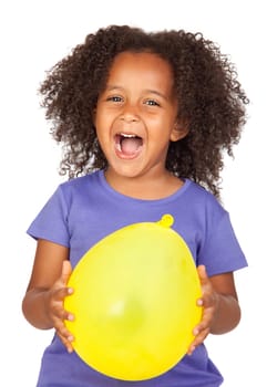 Adorable african little girl with yellow balloon isolated over white